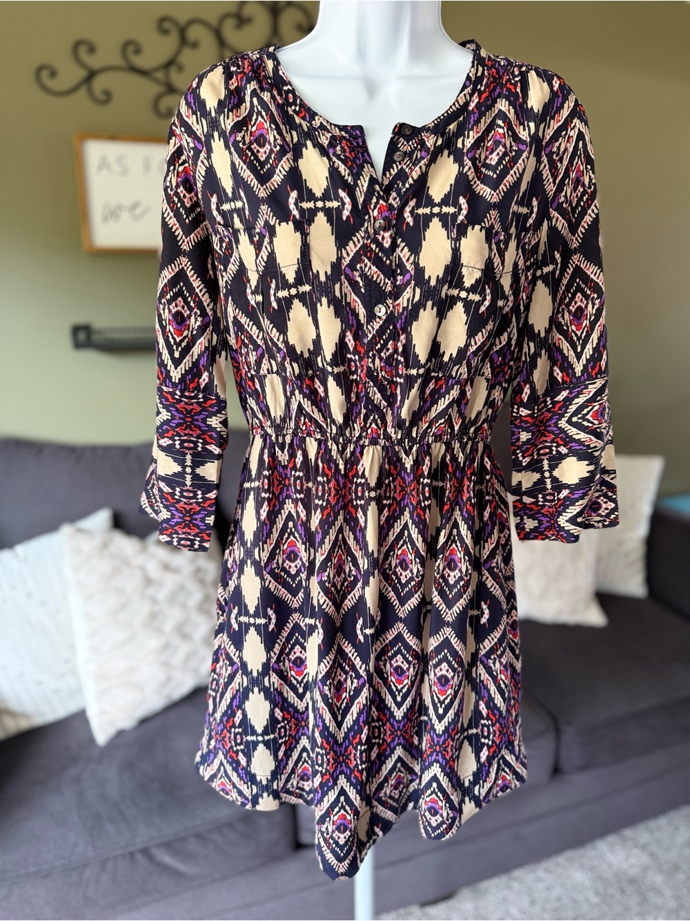 HOLDING HORSES ANTHROPOLOGIE Navy & Cream Boho Long Sleeve Tunic Dress